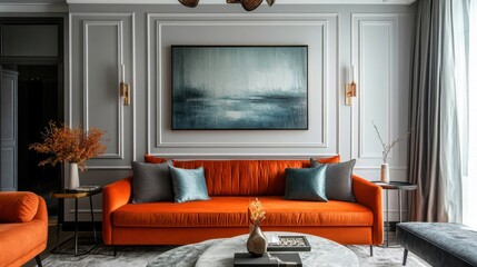 a living room with a couch, chair, coffee table and a painting