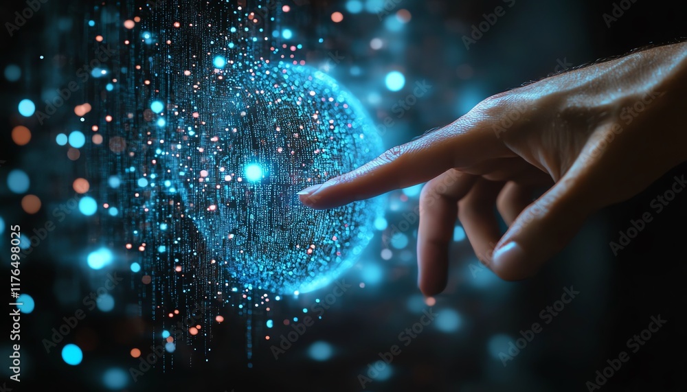 Poster a hand interacting with a digital holographic globe filled with numerical data, set against a dark b