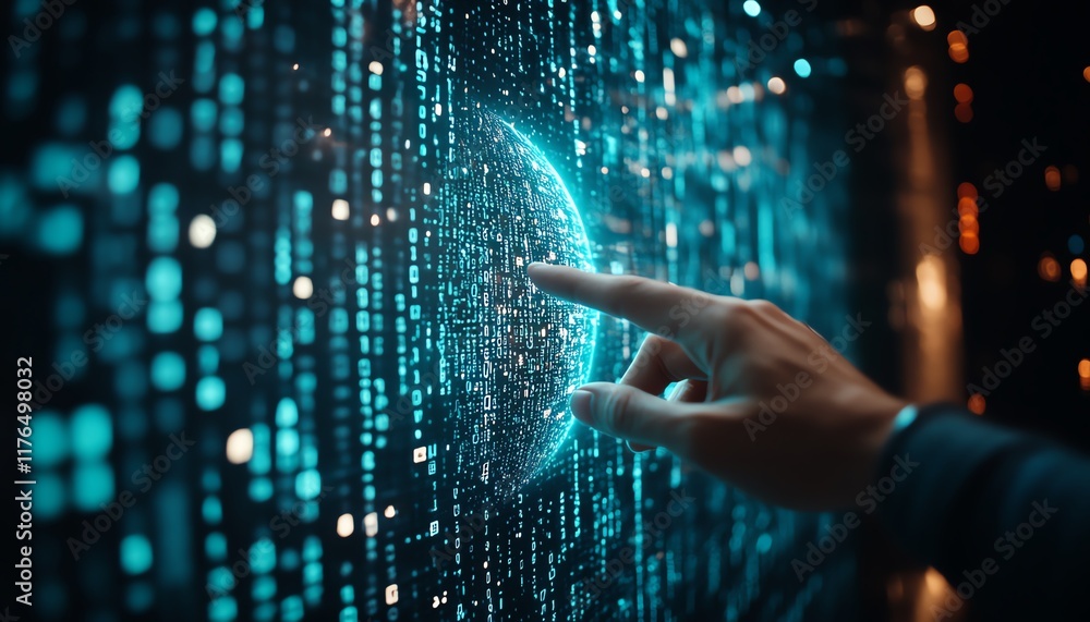 Poster a hand interacting with a digital holographic globe filled with numerical data, set against a dark b