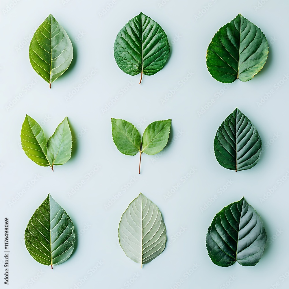 Poster Nine green leaves arranged in a grid on a light blue background.