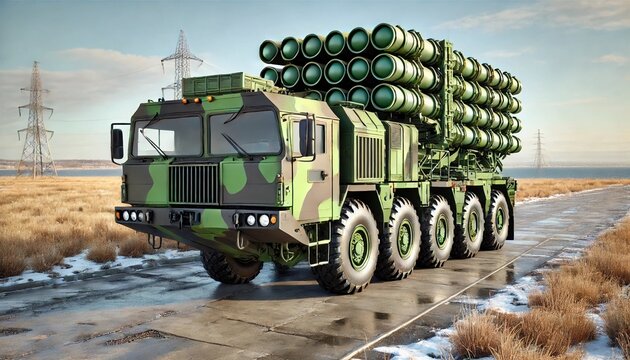 military vehicle with large missiles mounted on a mobile launcher in a training or testing area.