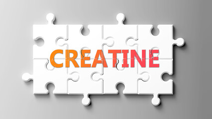 Creatine complex like a puzzle - pictured as word creatine on a puzzle pieces to show that creatine is complex and needs cooperating pieces that fit together. ,3d illustration