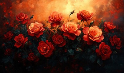 Oil painting:  lush red roses, dark background.