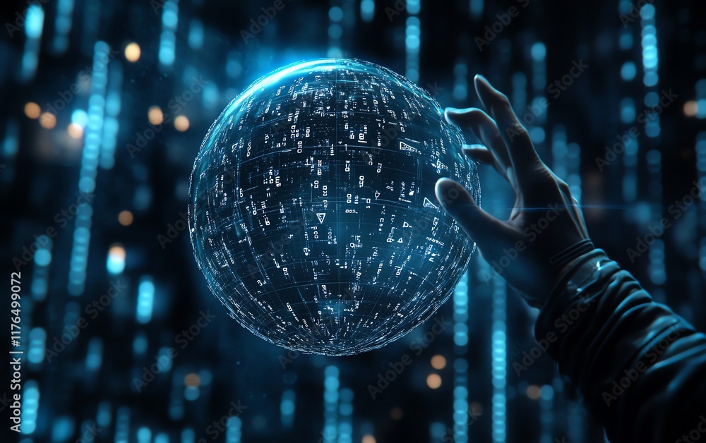 Leinwandbilder digital holographic globe with numerical data, being interacted with by a hand, set against a dark b