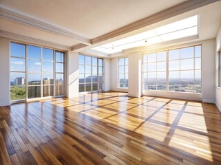 Obraz premium Spacious Empty Room, Large Windows, White Walls, Wooden Floor - Aerial Photography
