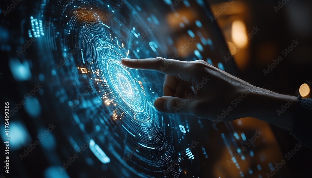 Poster futuristic hand interacting with a digital holographic globe showing numerical data, on a dark blue 