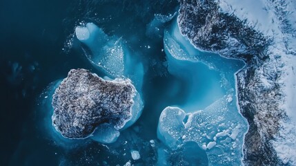 Glacier's Icy Blue Crevices, sweeping aerial perspective revealing intricate patterns and vibrant hues of glacial formations
