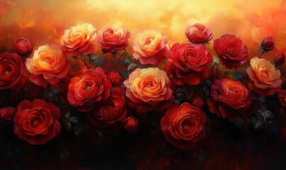 Fototapeta premium Oil painting, many red and orange roses.