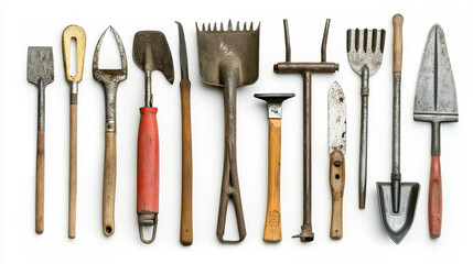 Gardening instruments with shovel, rakes and spading fork, axe and saw, trowel and forks, pruning knives and shears, wheelbarrow and buckets, watering can and sprayer