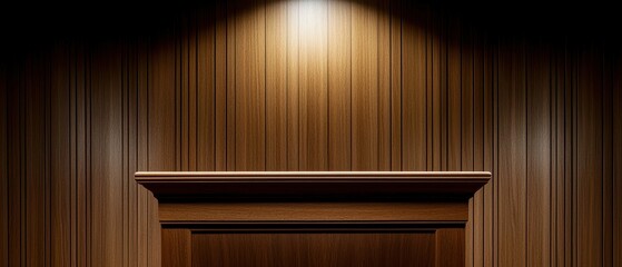 A warm wooden wall with vertical paneling, softly illuminated by a light above, creating a cozy and inviting atmosphere.