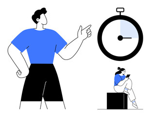 Man pointing forward, woman sitting with tablet, large stopwatch. Ideal for time management, productivity, work efficiency, deadlines, teamwork focus on tasks goal setting. Line metaphor