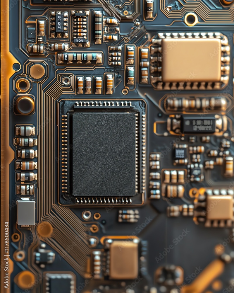 Poster Mobile phone CPU and electronic chip from a disassembled device, with clear focus on the processor, ideal for tech maintenance and repair illustrations