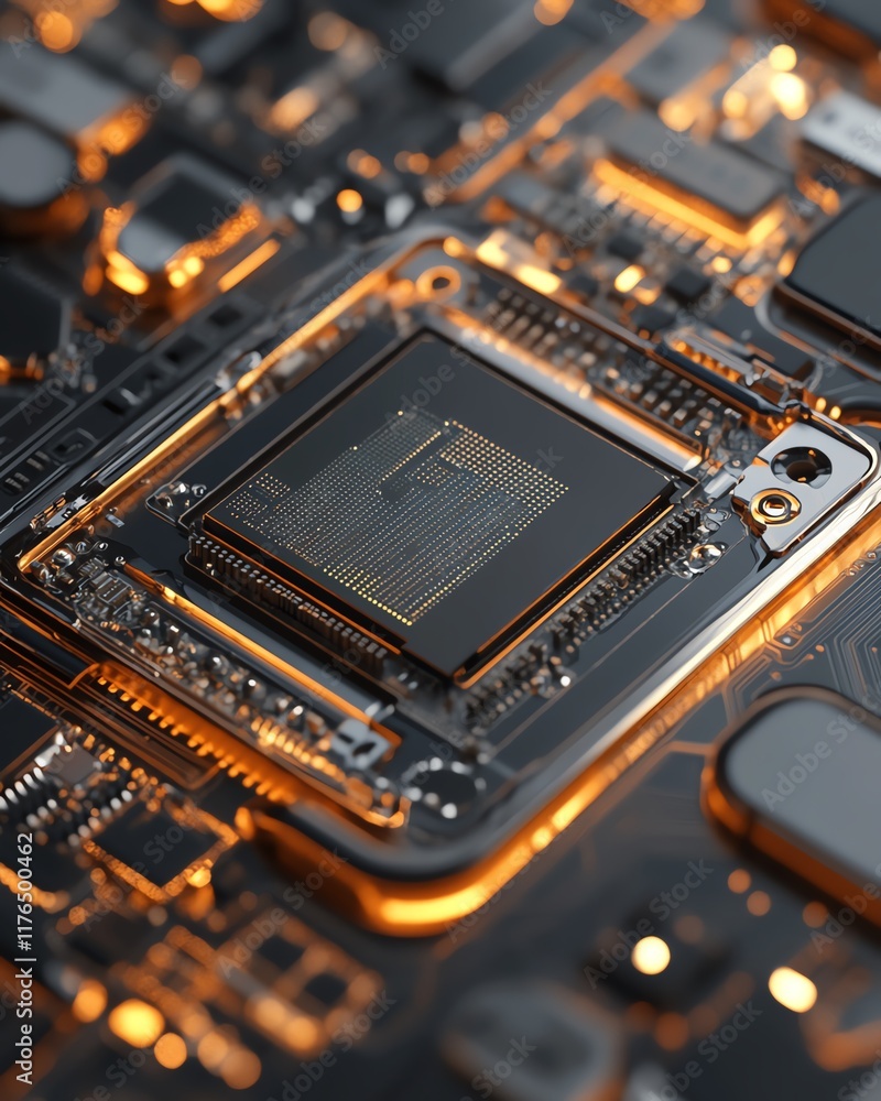 Poster mobile phone cpu and electronic chip from a disassembled device, with clear focus on the processor, 