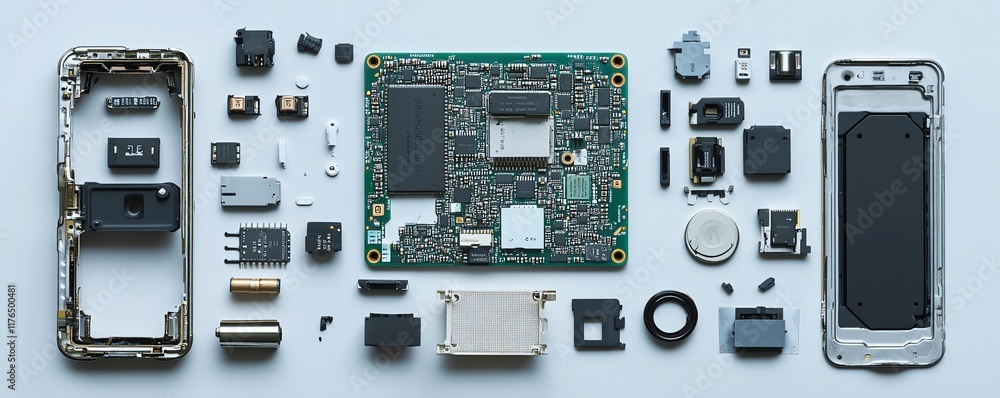 Poster Mobile phone disassembled showing the processor and electronic chip, emphasizing the internal components for technologythemed ads and repair services