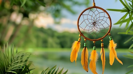 This image showcases a handcrafted dreamcatcher, featuring a circular, woven net in a light brown/tan color, adorned with three bright yellow feathers and dark beads.