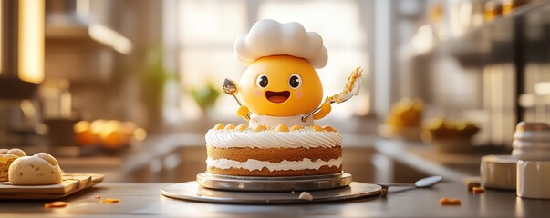 3D egg character in a chefs outfit, enthusiastically decorating a cake, ideal for bakery packaging, food illustrations, and promotional content