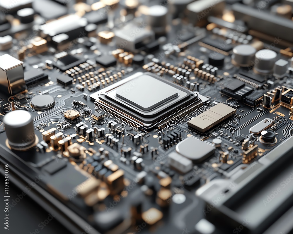 Poster 3D render of a disassembled mobile phone with a focus on the CPU and electronic chip, emphasizing technology repair and mobile device maintenance
