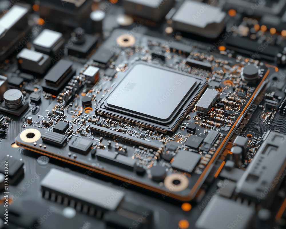 Poster 3D render of a disassembled mobile phone with a focus on the CPU and electronic chip, emphasizing technology repair and mobile device maintenance
