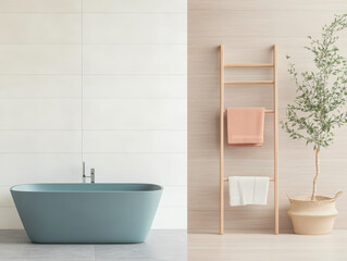 Elegant bathroom design with a modern bathtub and minimalist decor features