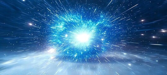 Hyperspace tunnel, radiating energy and light. Bright stars illuminate the blue explosion. Futuristic concept , isolated on white background,  , copy space for text,