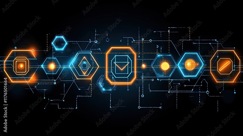 Poster abstract concept of digital transformation with flowing neon lines connecting various geometric shap