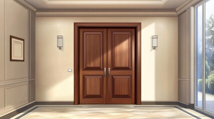 a room with a door and a window