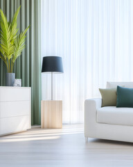 Modern living room with natural light and stylish decor featuring plants and minimalist furniture