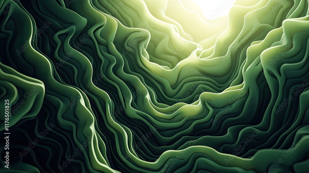 Poster abstract concept of nature with swirling green patterns representing growth, intertwined with light 