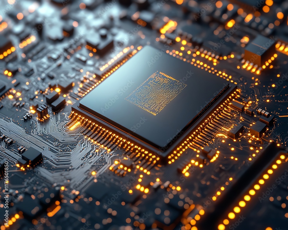 Poster closeup of a mobile phone s cpu and electronic chip exposed from a disassembled device, perfect for 