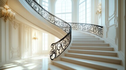 a staircase in a large white room with a chandelier