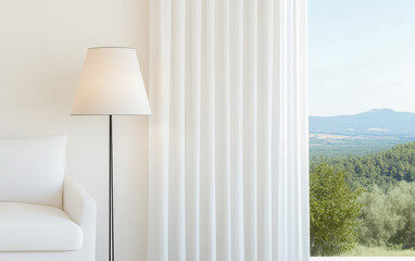 Warm sunlight illuminates a modern living room with a view of hills and trees