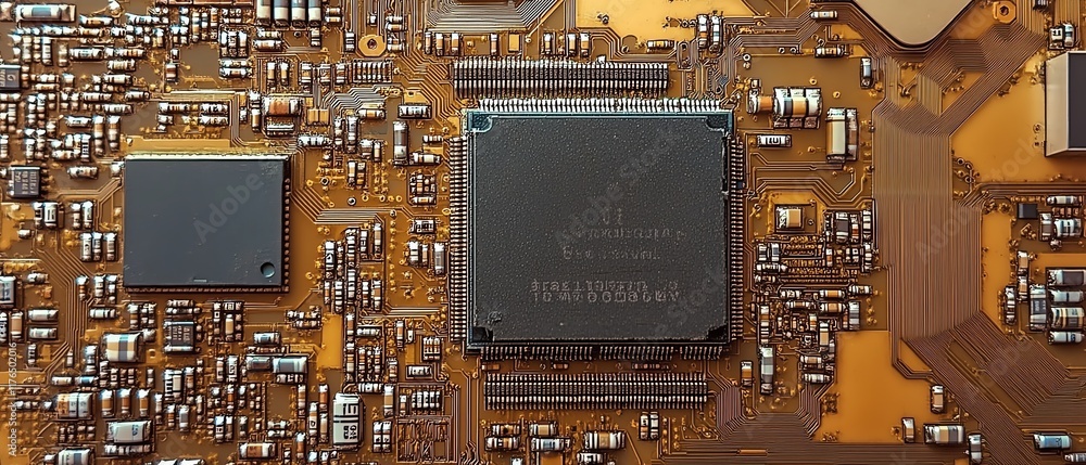 Poster closeup of an electronic chip and cpu from a disassembled mobile phone, highlighting the intricate p