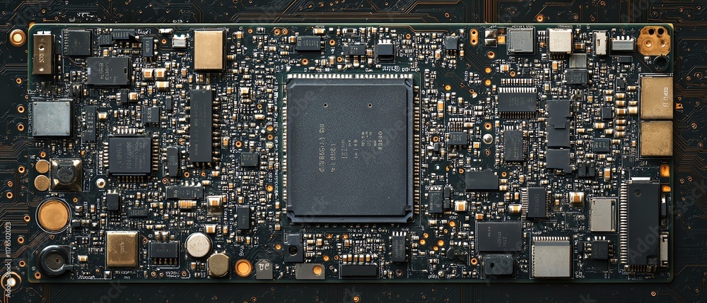 Poster Closeup of an electronic chip and CPU from a disassembled mobile phone, highlighting the intricate processor and components, perfect for tech repair banners