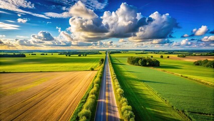 Obraz premium Stunning Drone View: Straight Rural Road, Blue Sky, Countryside Scenery, Aerial Photography