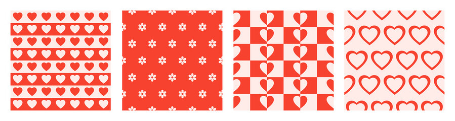 Romantic set minimal seamless patterns in retro 60s, 70s style. Vector illustration.