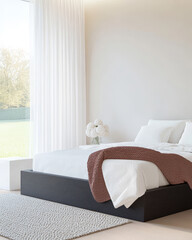Modern bedroom design with spacious layout and natural light in serene location