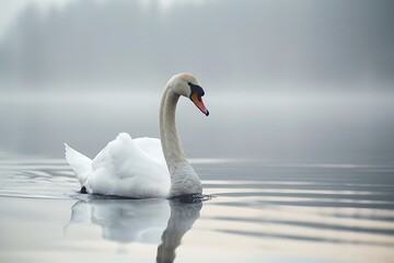 Obraz premium A single, majestic white swan glides serenely across calm, misty water. Its elegant neck curves gracefully. The soft light and fog create a peaceful atmosphere.