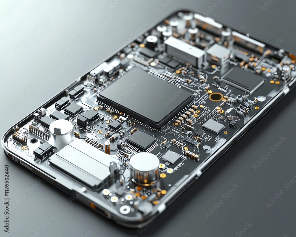 Poster detailed electronic chip and cpu from a disassembled mobile phone, with clear visuals of the process