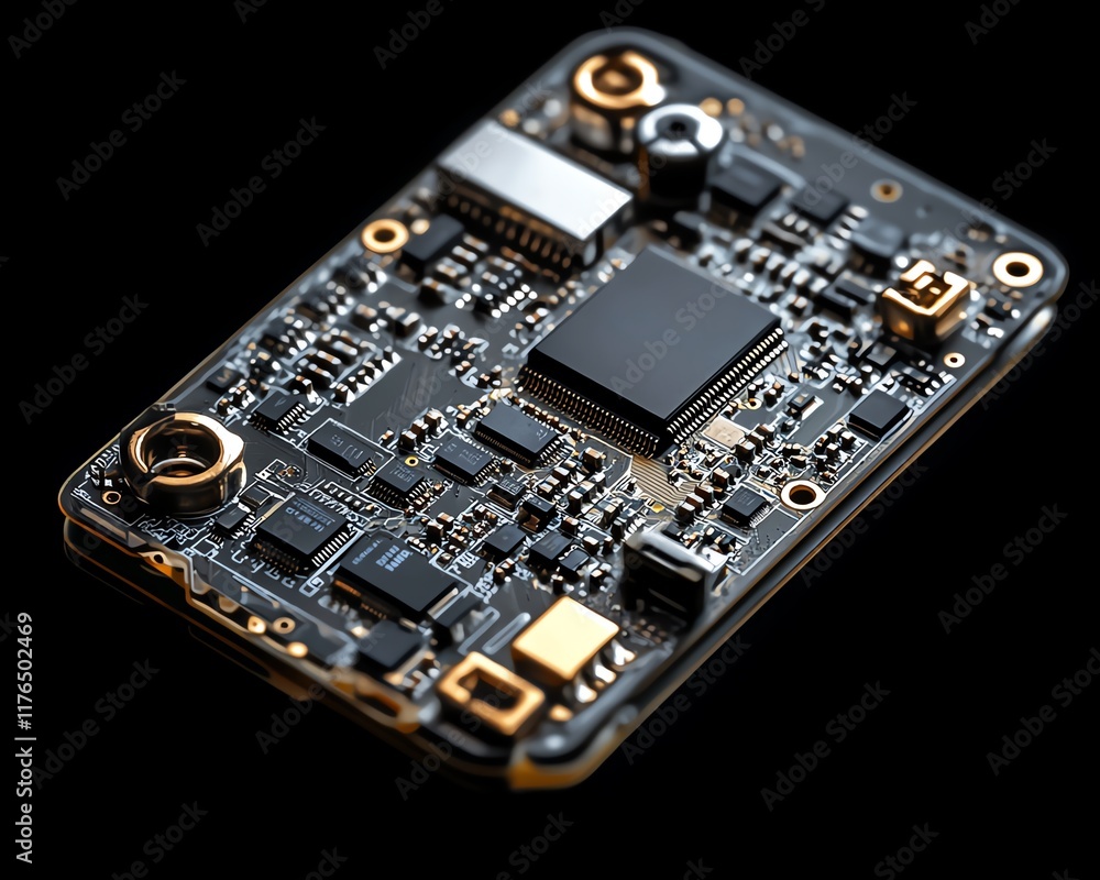 Poster Detailed electronic chip and CPU from a disassembled mobile phone, with clear visuals of the processor and components, ideal for tech industry ads