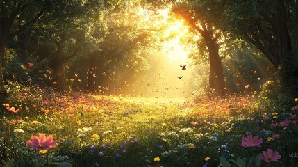 Fototapeta premium birds, flower and chase in futher forest,more detailed,in hill slope,illustration,no real --chaos 20 --ar 16:9 --stylize 450 --v 6.1 Job ID: c55613d6-a4f4-41ae-9ef7-a376a22fb99d