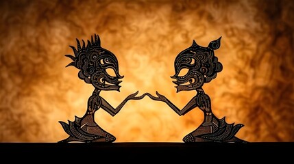 Two intricately detailed shadow puppets, likely from a Southeast Asian tradition, face each other in a gentle gesture.