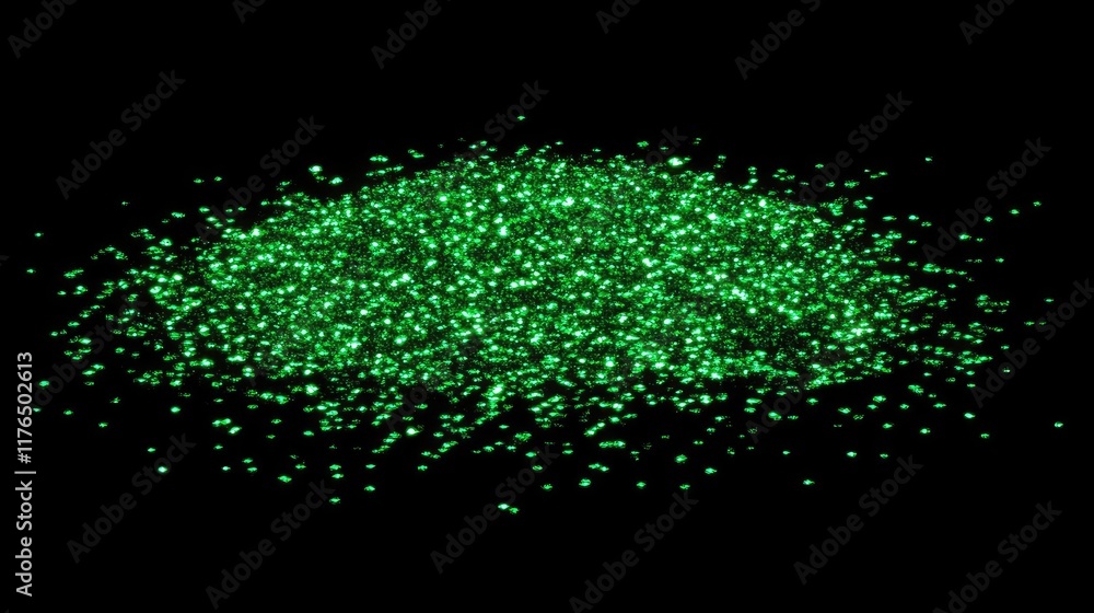 Poster abstract glowing green particles floating in a dark background, creating a futuristic starry effect.