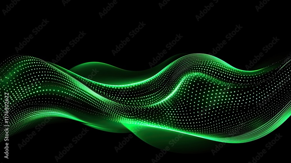 Poster abstract glowing green particles floating in a dark background, creating a futuristic starry effect.