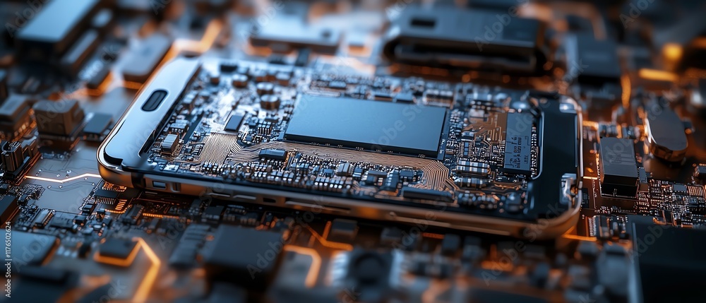Poster disassembled mobile phone showcasing the electronic chip and cpu, with detailed focus on the process