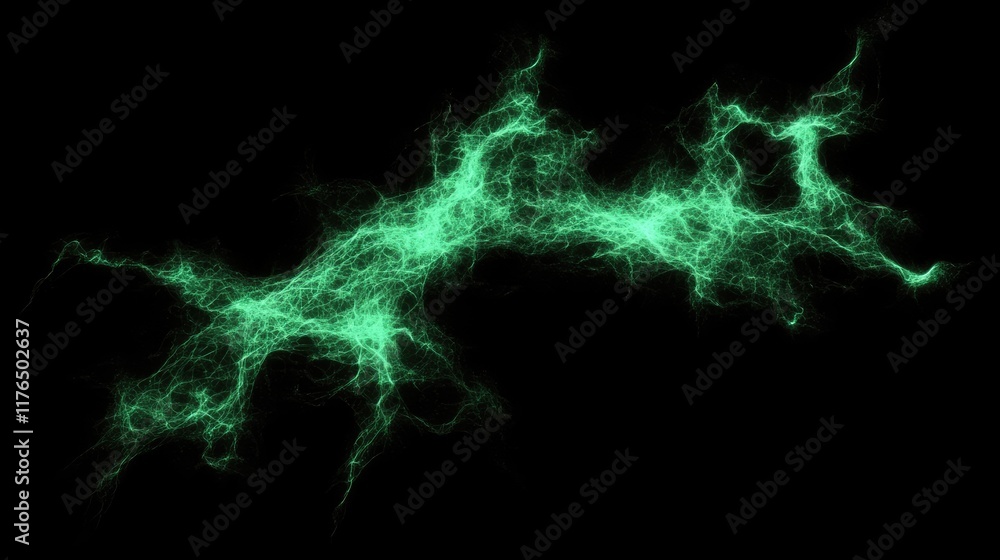 Poster abstract glowing green particles floating in a dark background, creating a futuristic starry effect.