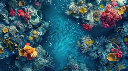 Obraz premium Tropical Lagoon Overlook, breathtaking aerial perspective revealing vibrant coral reefs and crystal-clear waters, a paradise of nature's beauty