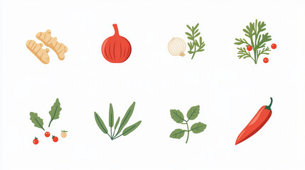 Spices, herbs and vegetable seasonings vector icons of food condiments. Red pepper, green basil and rosemary, ginger, onion and thyme, parsley, marjoram and cardamom, cumin, tarragon and cloves