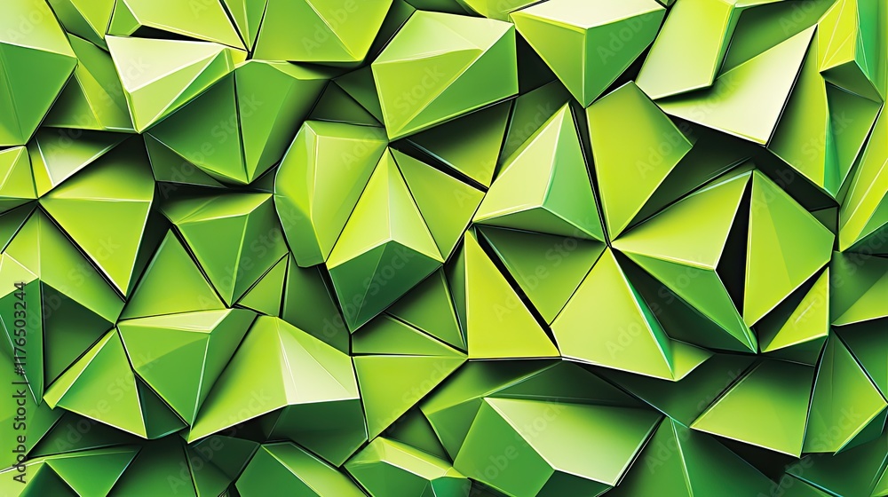 Poster abstract green polygonal shapes with textured surfaces arranged asymmetrically on a smooth gradient.