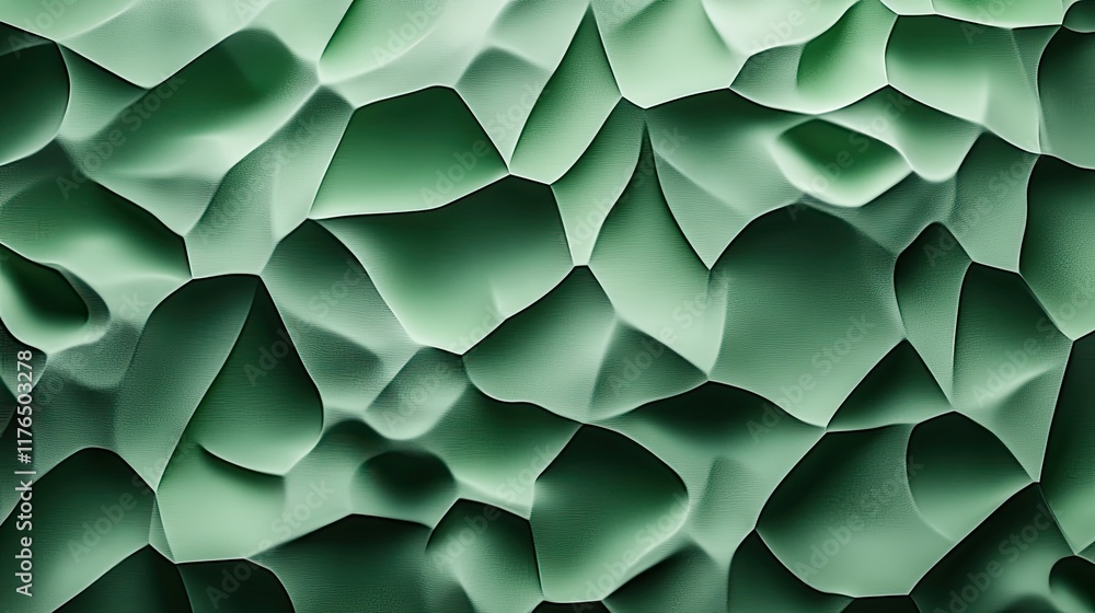 Poster abstract green polygonal shapes with textured surfaces arranged asymmetrically on a smooth gradient.