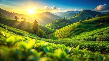 Stunning Tilt-Shift Green Tea Field, Sunny Day Landscape Photography